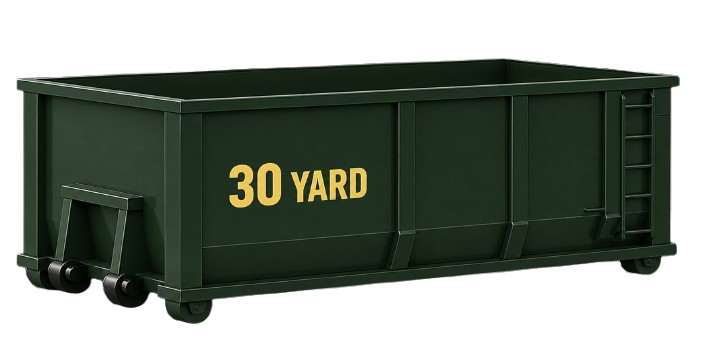 25-yard roll-off dumpster container, green, side view